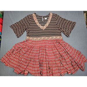 Patrons Of Peace Womens V-Neck Boho Dress Black/Red Floral Pattern Sz L India